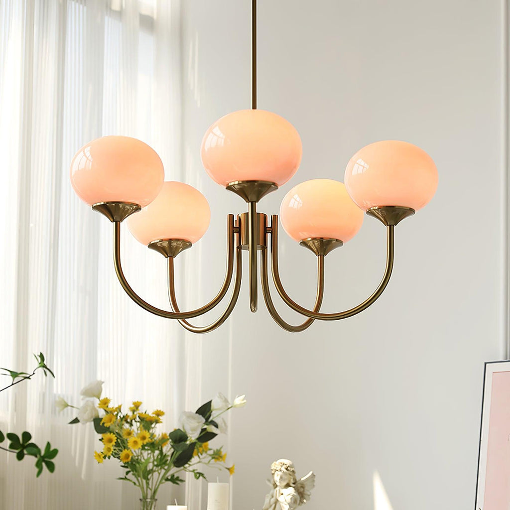 3 or 5-Light Retro Pink Glass Ceiling Pendant — Gold Finish Lighting