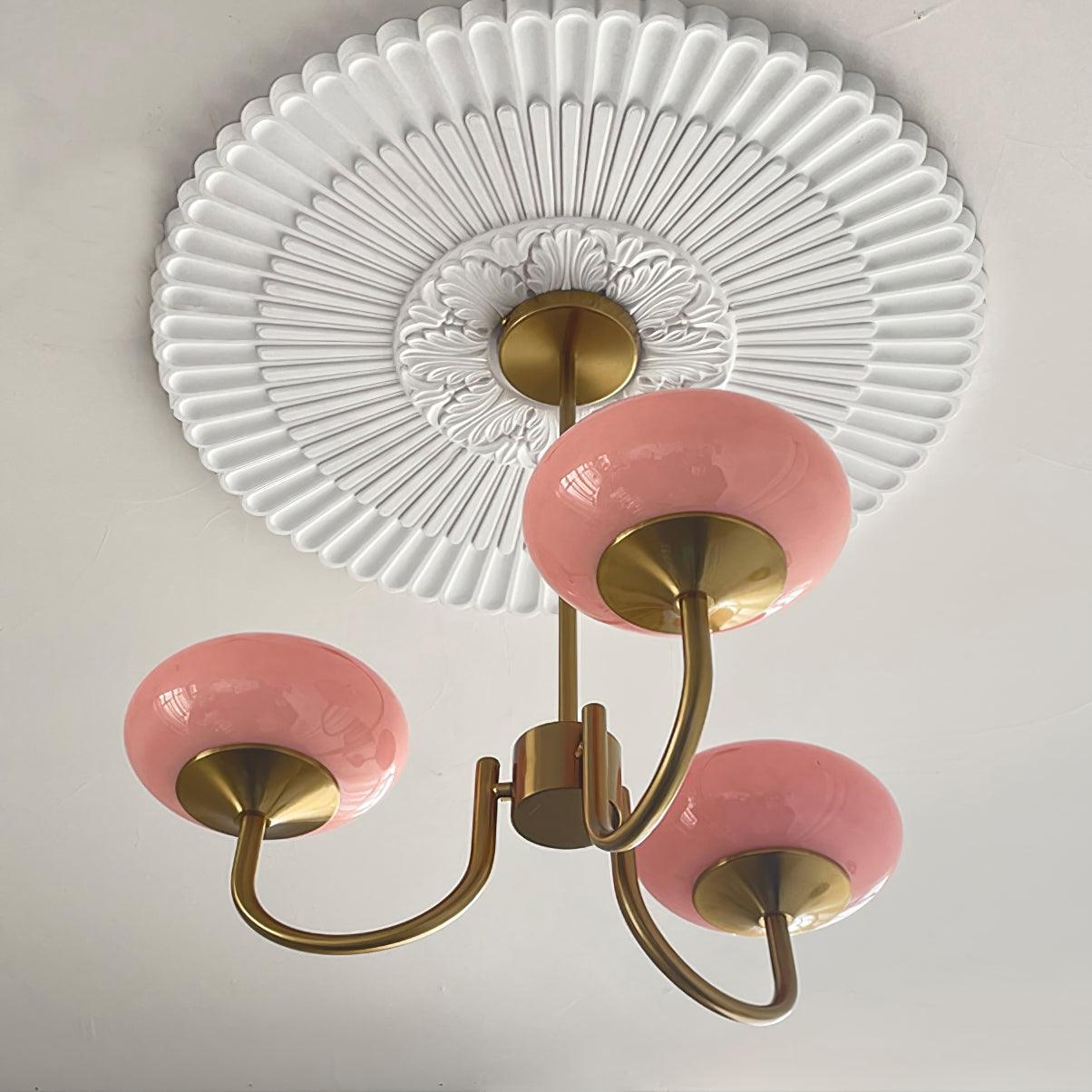 3 or 5-Light Retro Pink Glass Ceiling Pendant — Gold Finish Lighting