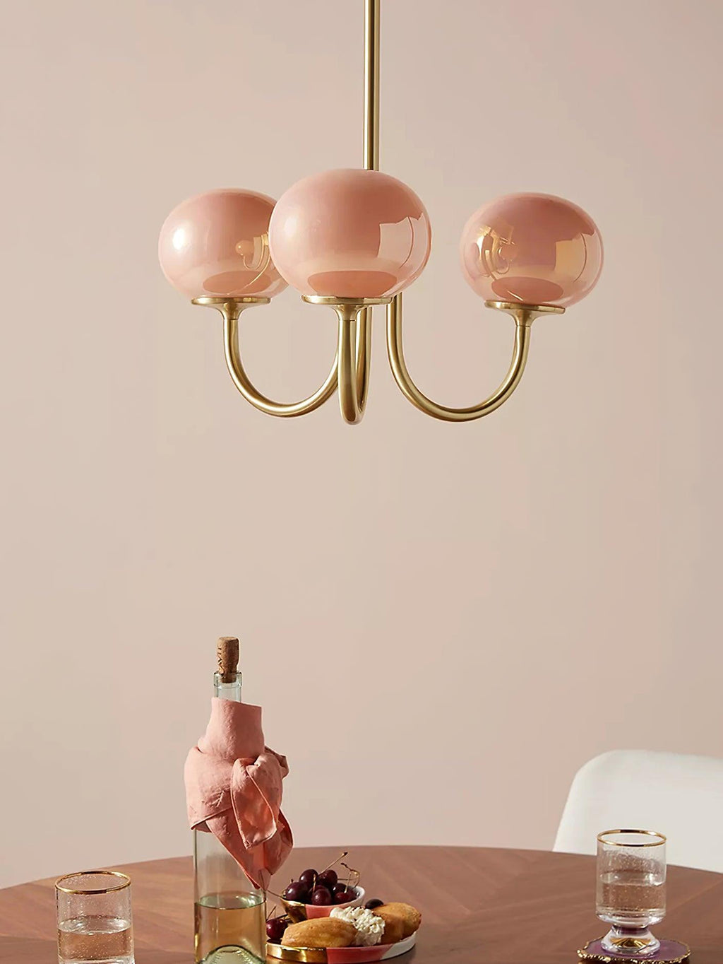 3 or 5-Light Retro Pink Glass Ceiling Pendant — Gold Finish Lighting