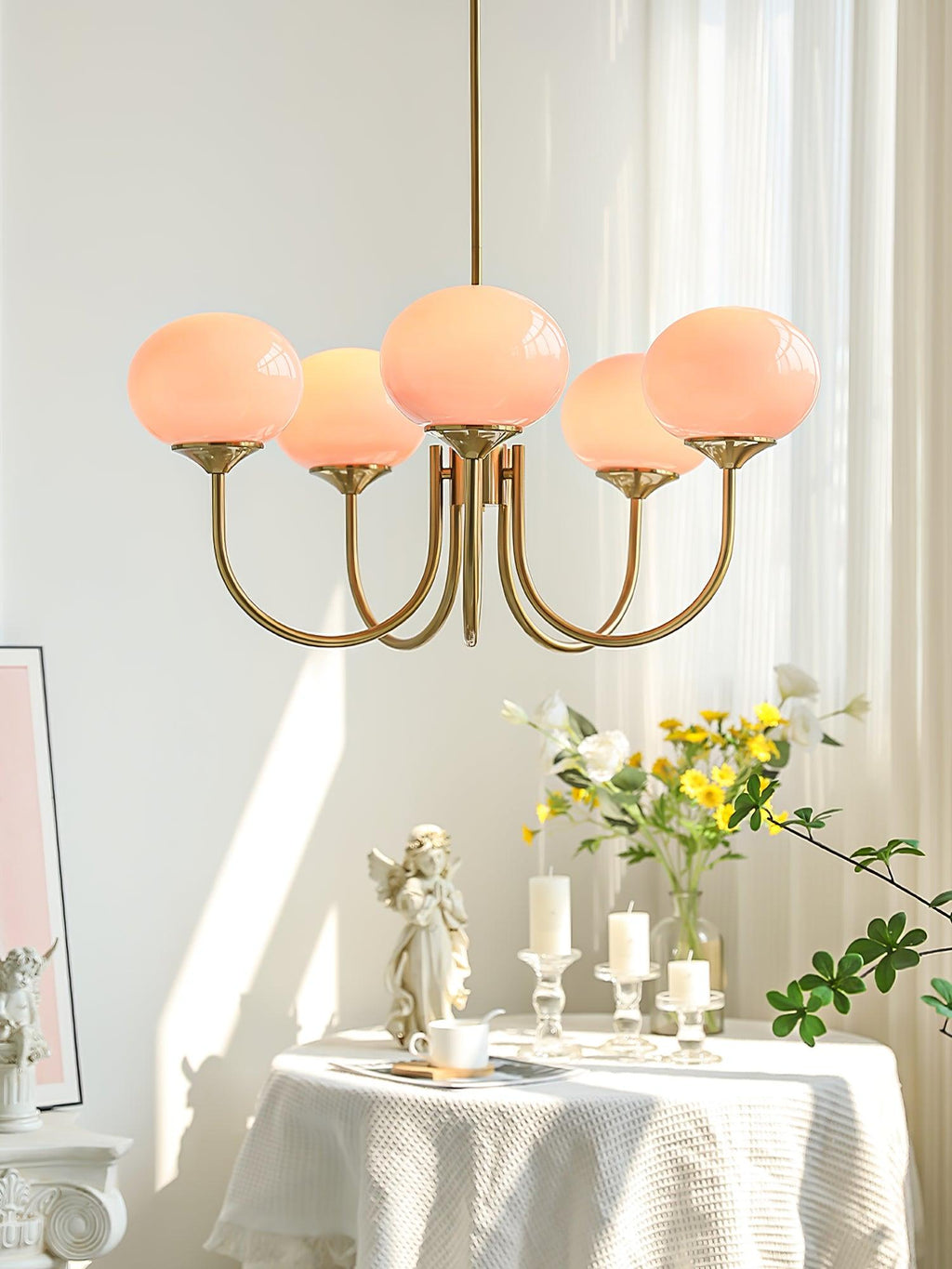 3 or 5-Light Retro Pink Glass Ceiling Pendant — Gold Finish Lighting