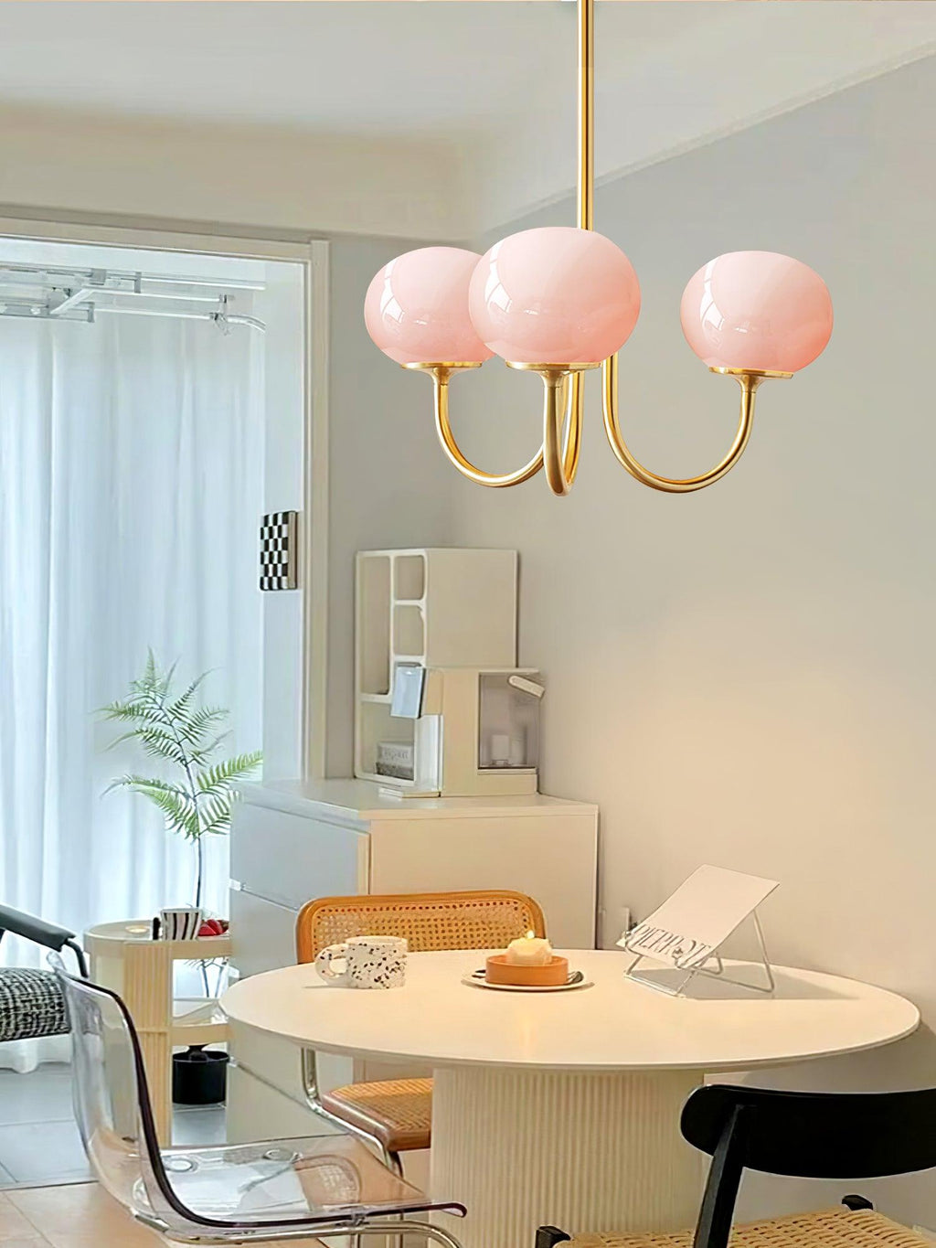 3 or 5-Light Retro Pink Glass Ceiling Pendant — Gold Finish Lighting