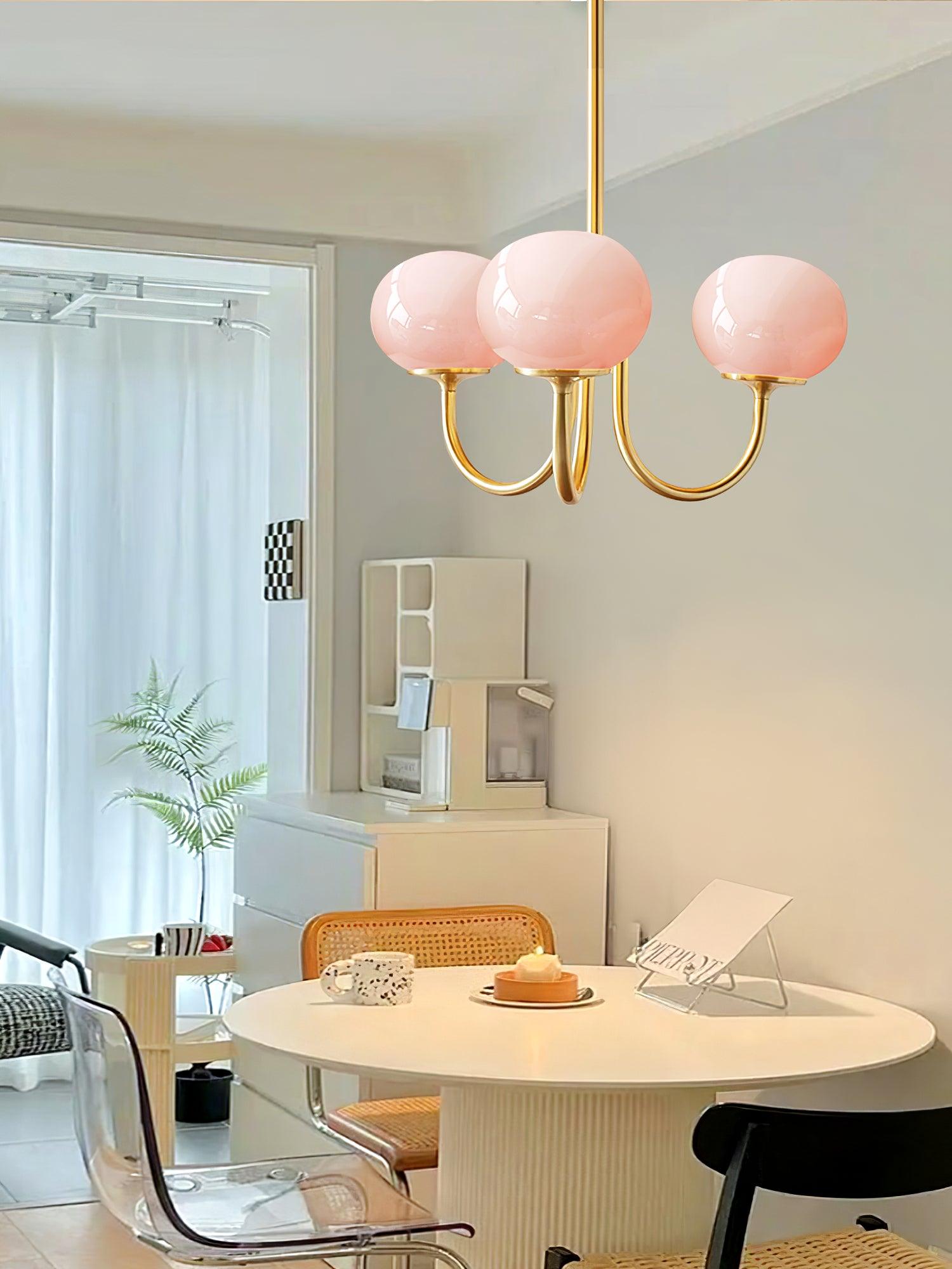 3 or 5-Light Retro Pink Glass Ceiling Pendant — Gold Finish Lighting