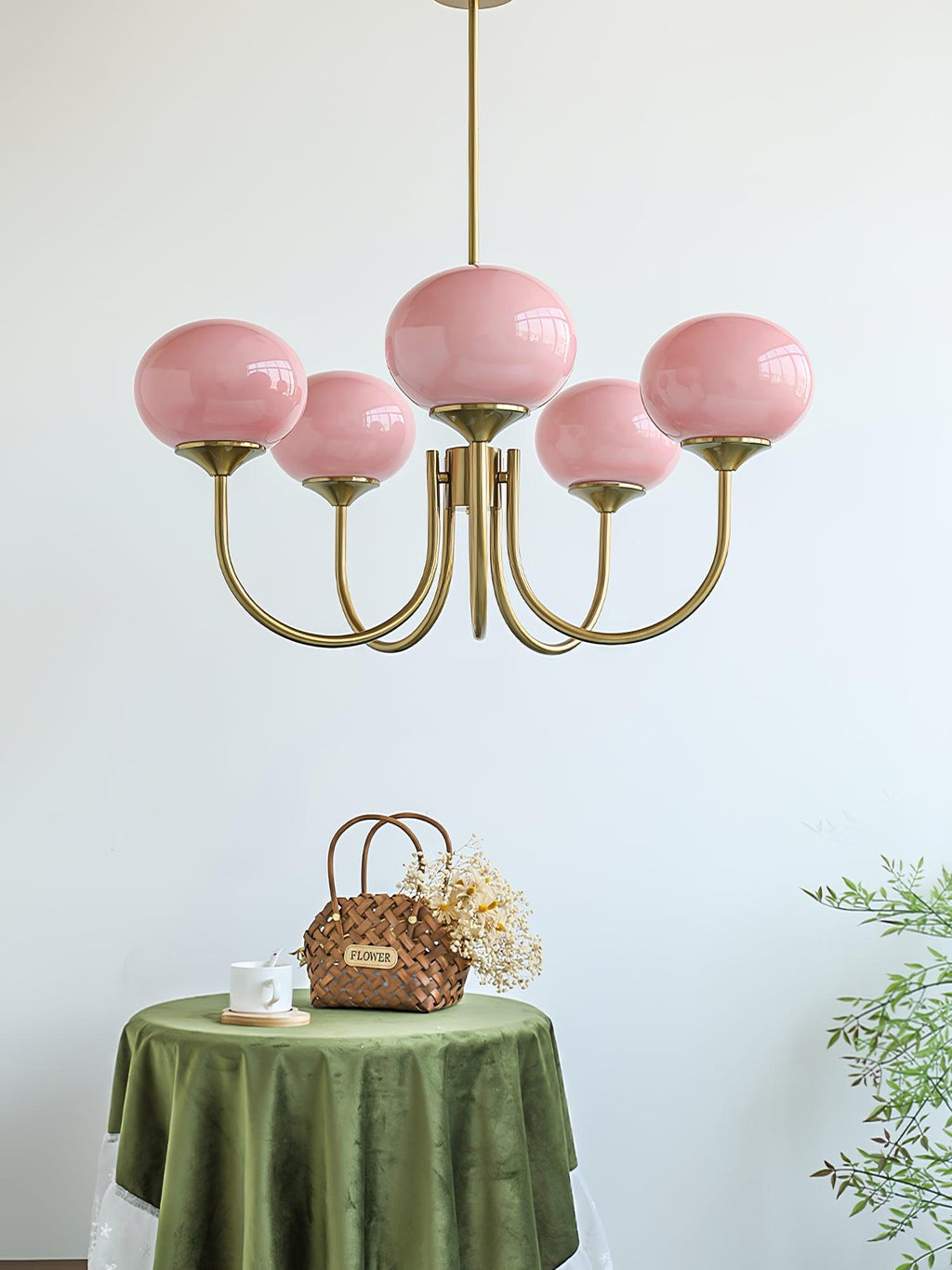 3 or 5-Light Retro Pink Glass Ceiling Pendant — Gold Finish Lighting