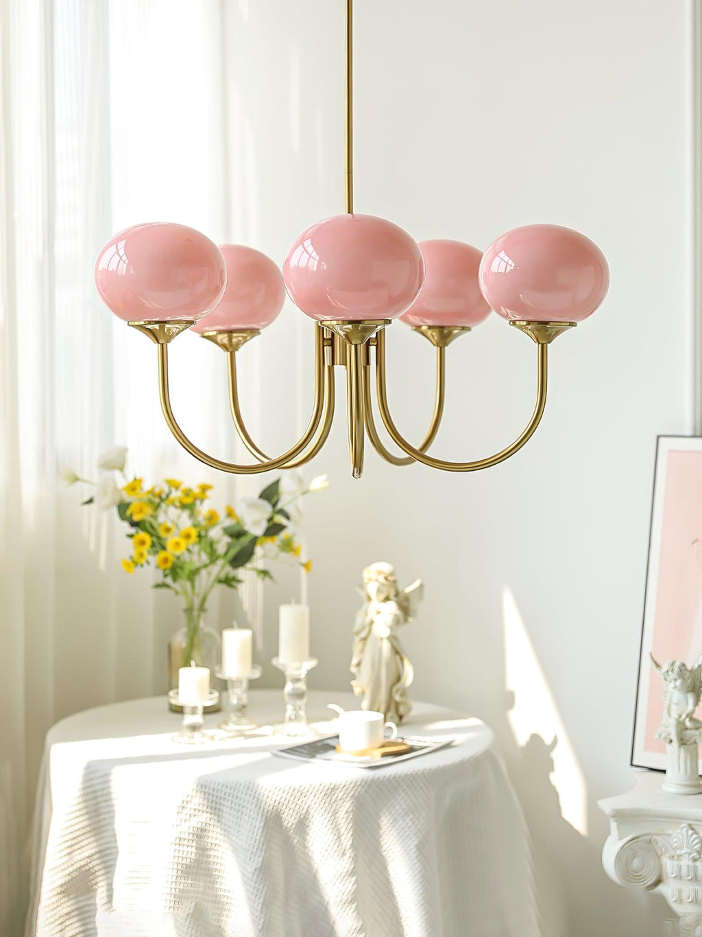 3 or 5-Light Retro Pink Glass Ceiling Pendant — Gold Finish Lighting