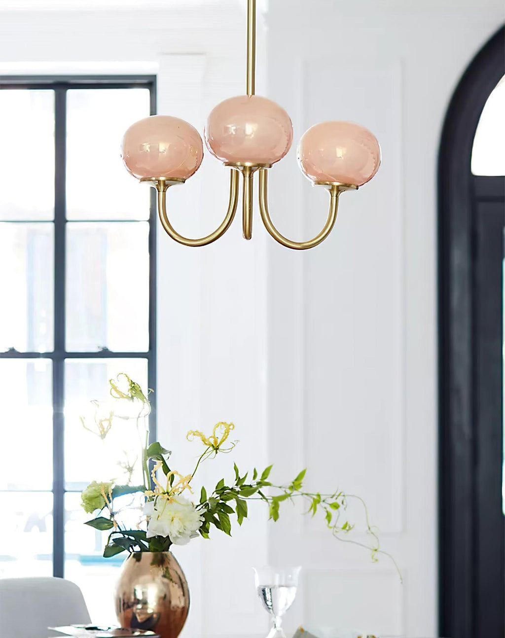 3 or 5-Light Retro Pink Glass Ceiling Pendant — Gold Finish Lighting