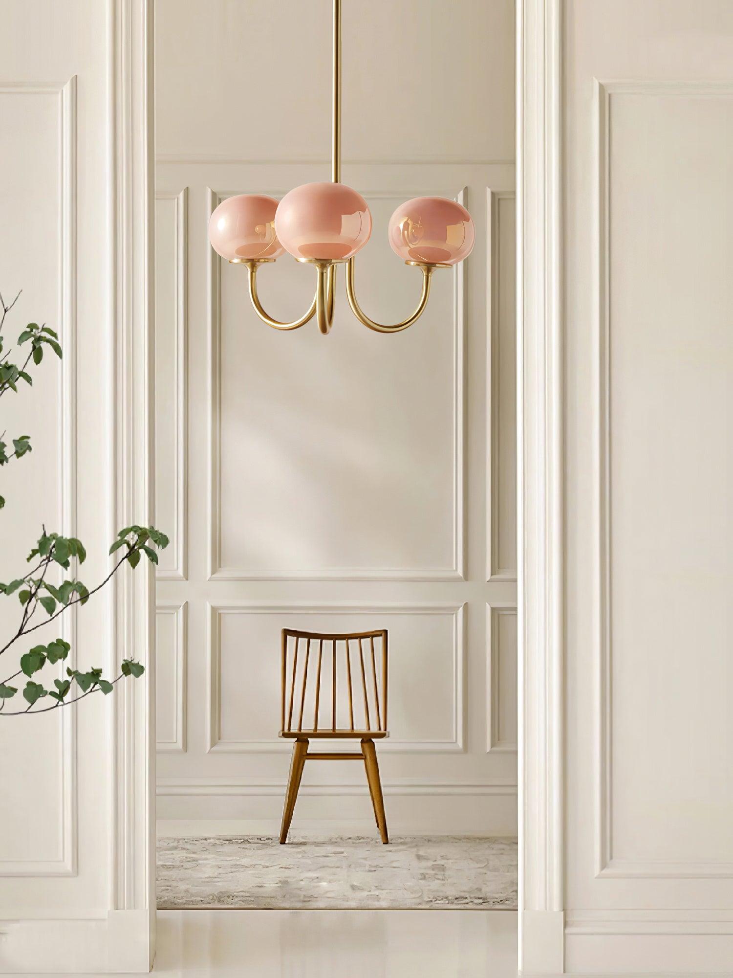 3 or 5-Light Retro Pink Glass Ceiling Pendant — Gold Finish Lighting