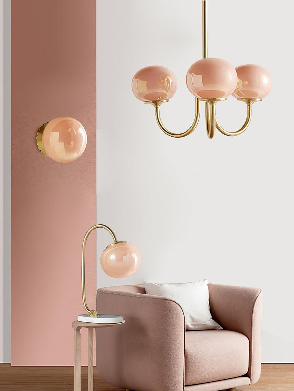 3 or 5-Light Retro Pink Glass Ceiling Pendant — Gold Finish Lighting