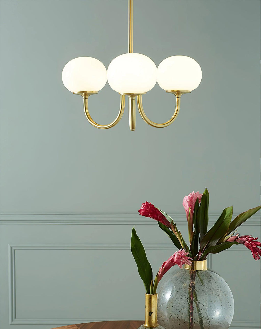 3 or 5-Light Retro Pink Glass Ceiling Pendant — Gold Finish Lighting