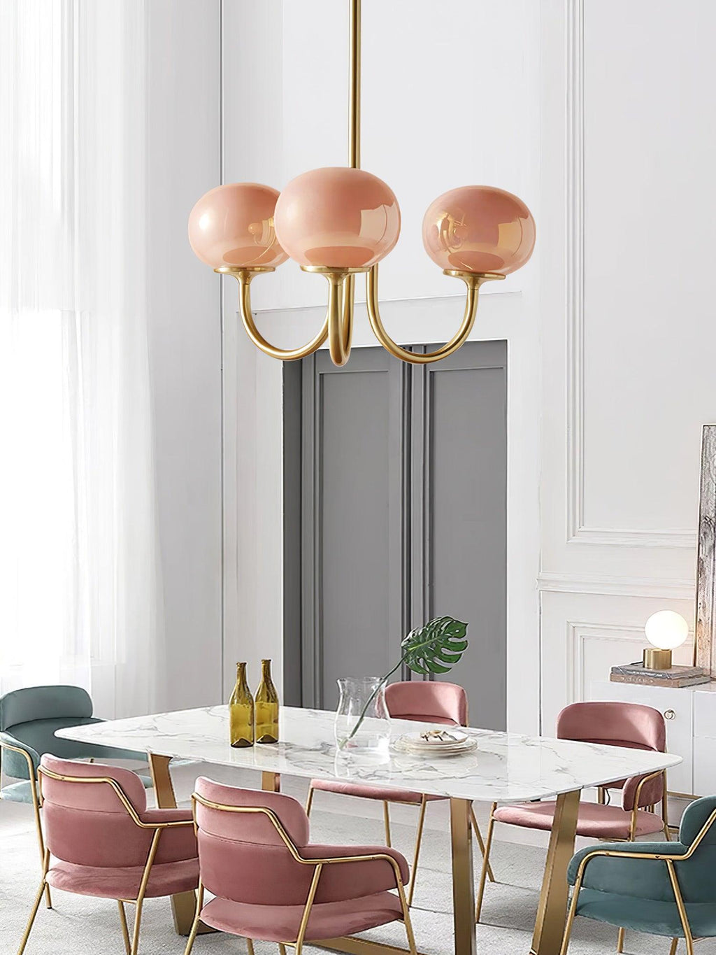 3 or 5-Light Retro Pink Glass Ceiling Pendant — Gold Finish Lighting
