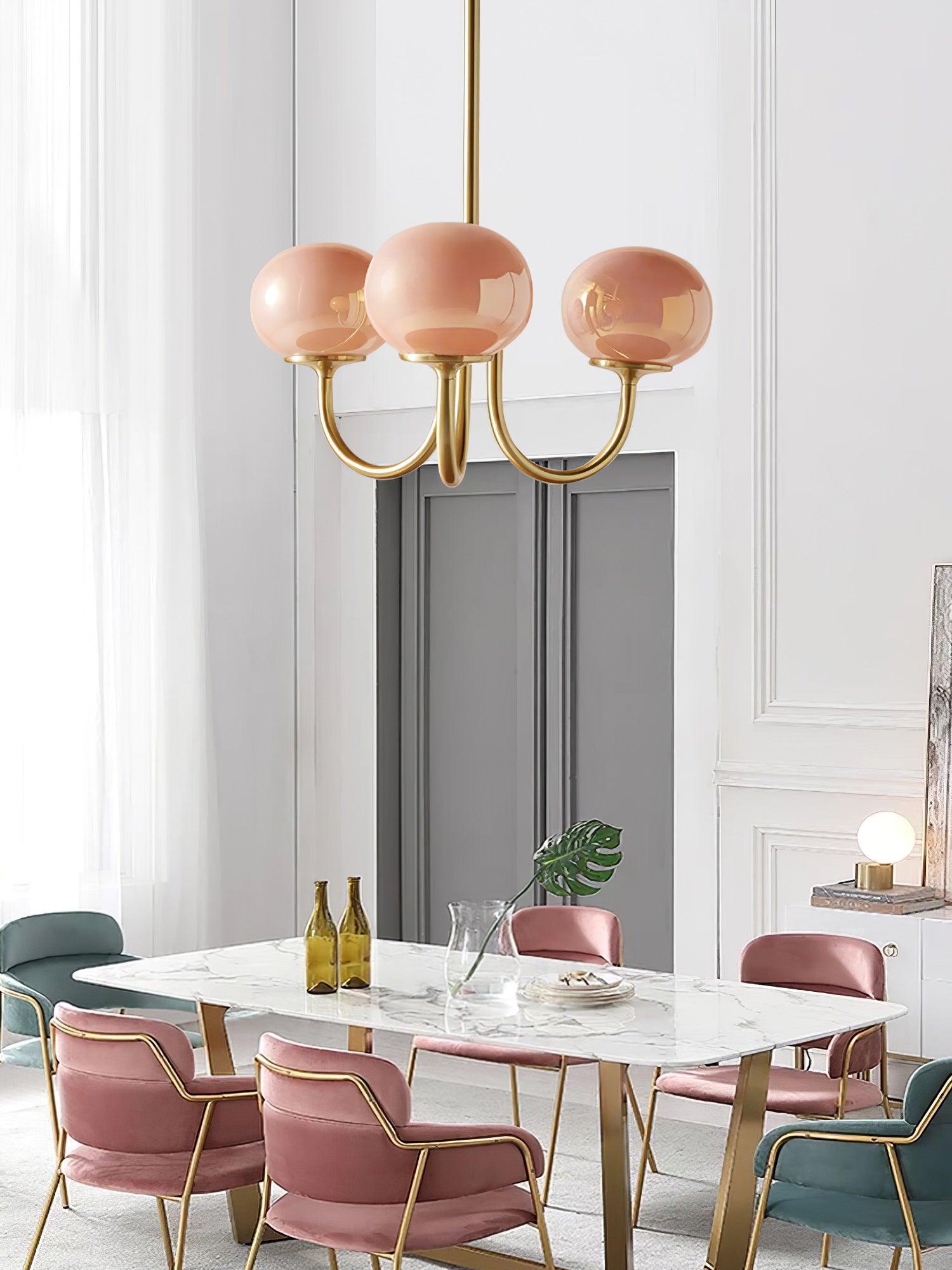 3 or 5-Light Retro Pink Glass Ceiling Pendant — Gold Finish Lighting