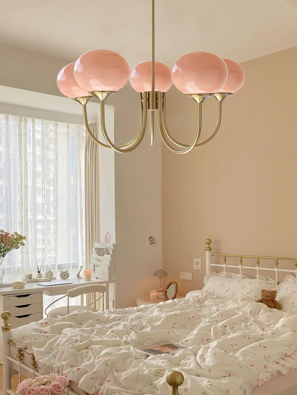 3 or 5-Light Retro Pink Glass Ceiling Pendant — Gold Finish Lighting