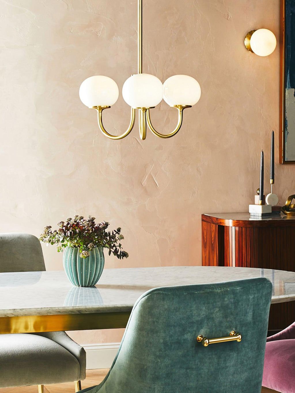 3 or 5-Light Retro Pink Glass Ceiling Pendant — Gold Finish Lighting