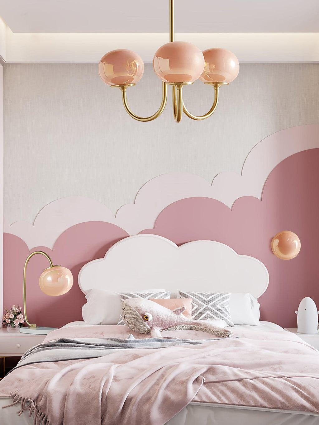 3 or 5-Light Retro Pink Glass Ceiling Pendant — Gold Finish Lighting