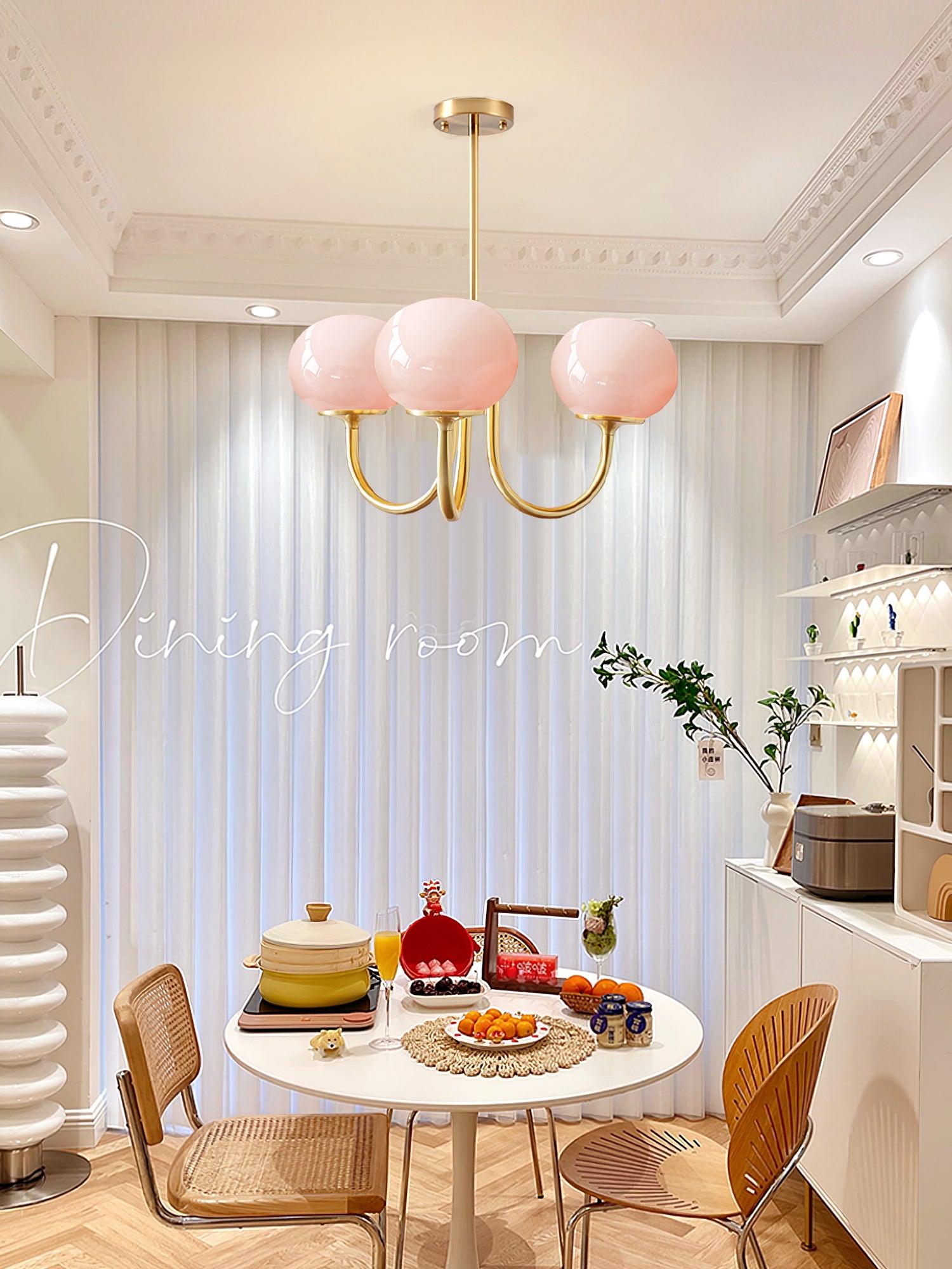 3 or 5-Light Retro Pink Glass Ceiling Pendant — Gold Finish Lighting
