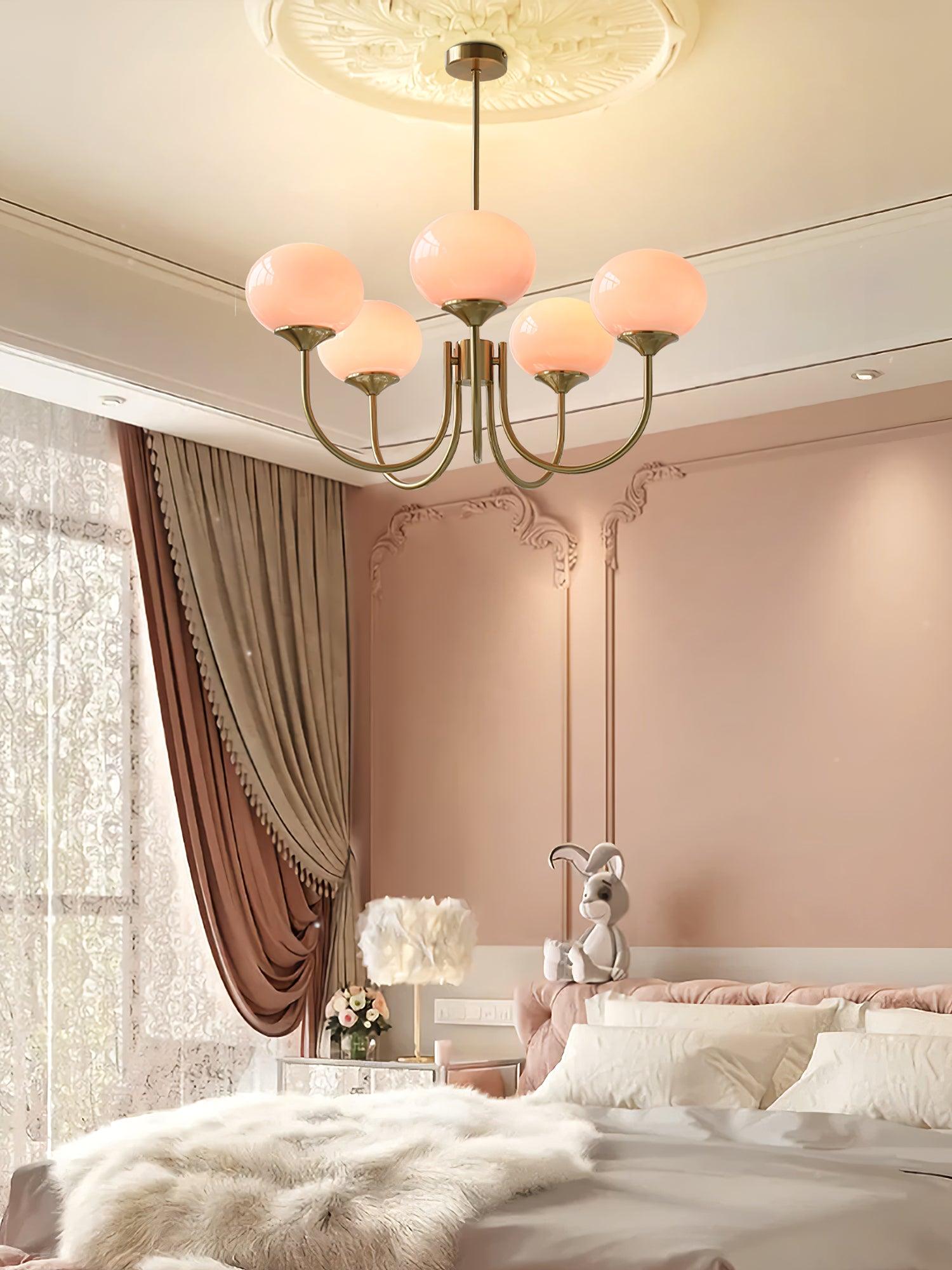 3 or 5-Light Retro Pink Glass Ceiling Pendant — Gold Finish Lighting
