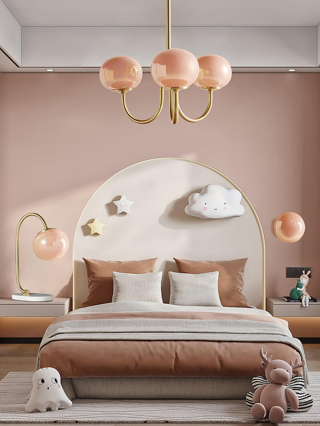 3 or 5-Light Retro Pink Glass Ceiling Pendant — Gold Finish Lighting