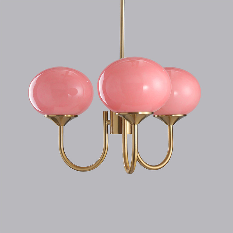 3 or 5-Light Retro Pink Glass Ceiling Pendant — Gold Finish Lighting