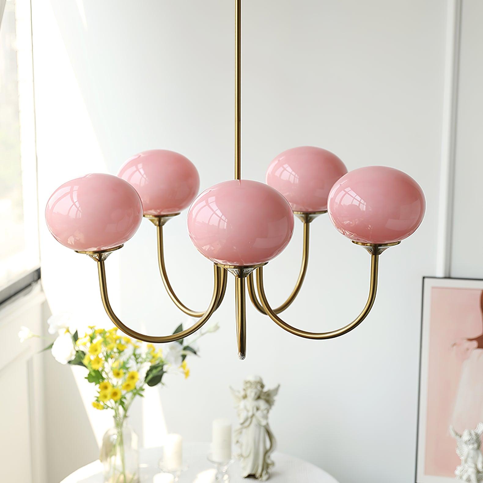 3 or 5-Light Retro Pink Glass Ceiling Pendant — Gold Finish Lighting