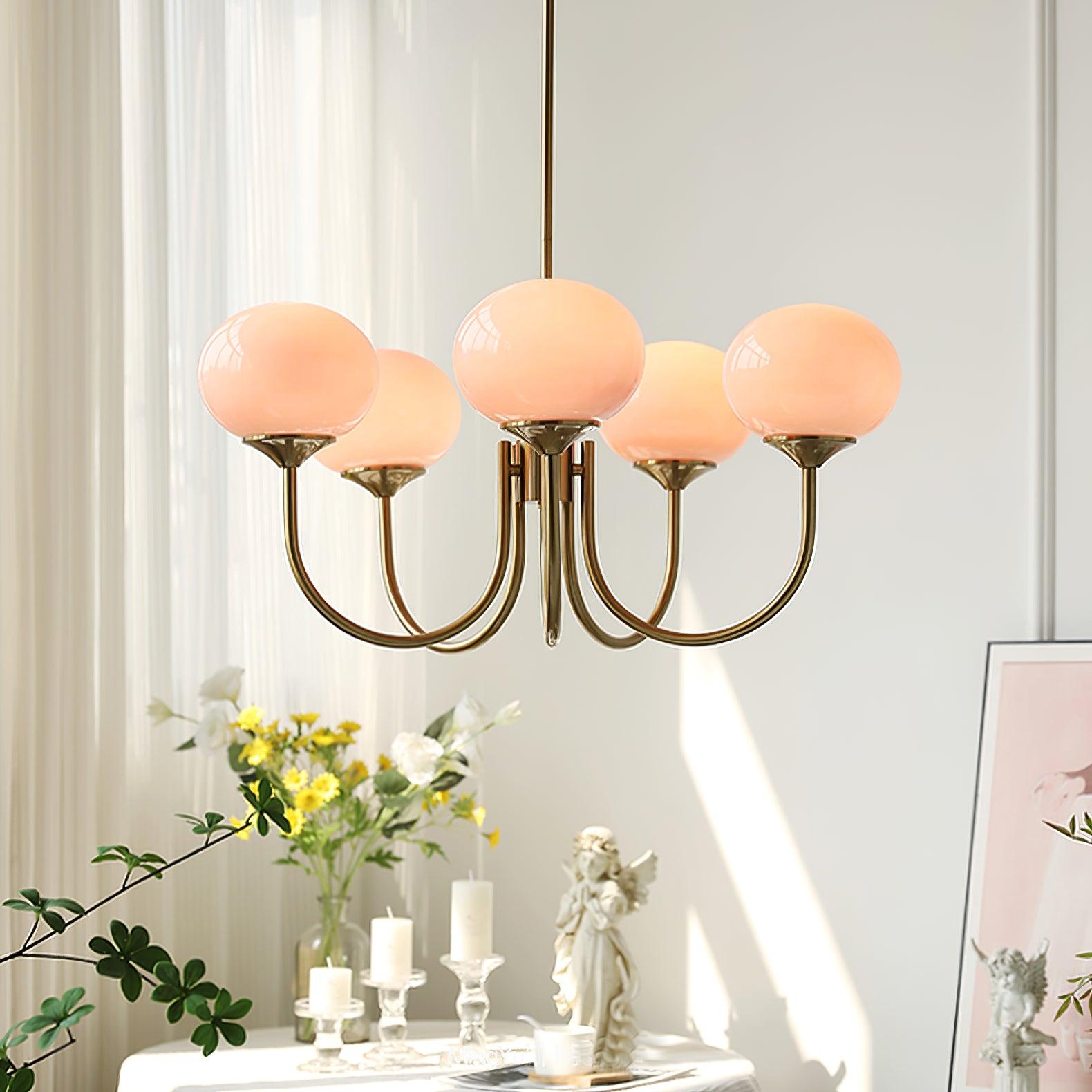 3 or 5-Light Retro Pink Glass Ceiling Pendant — Gold Finish Lighting