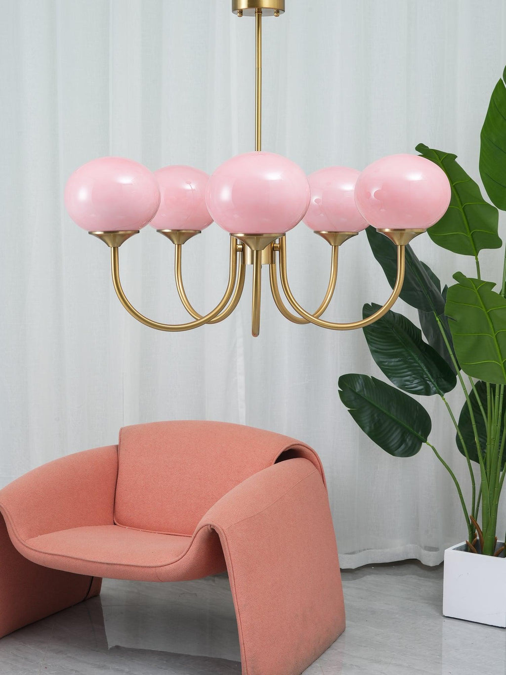3 or 5-Light Retro Pink Glass Ceiling Pendant — Gold Finish Lighting