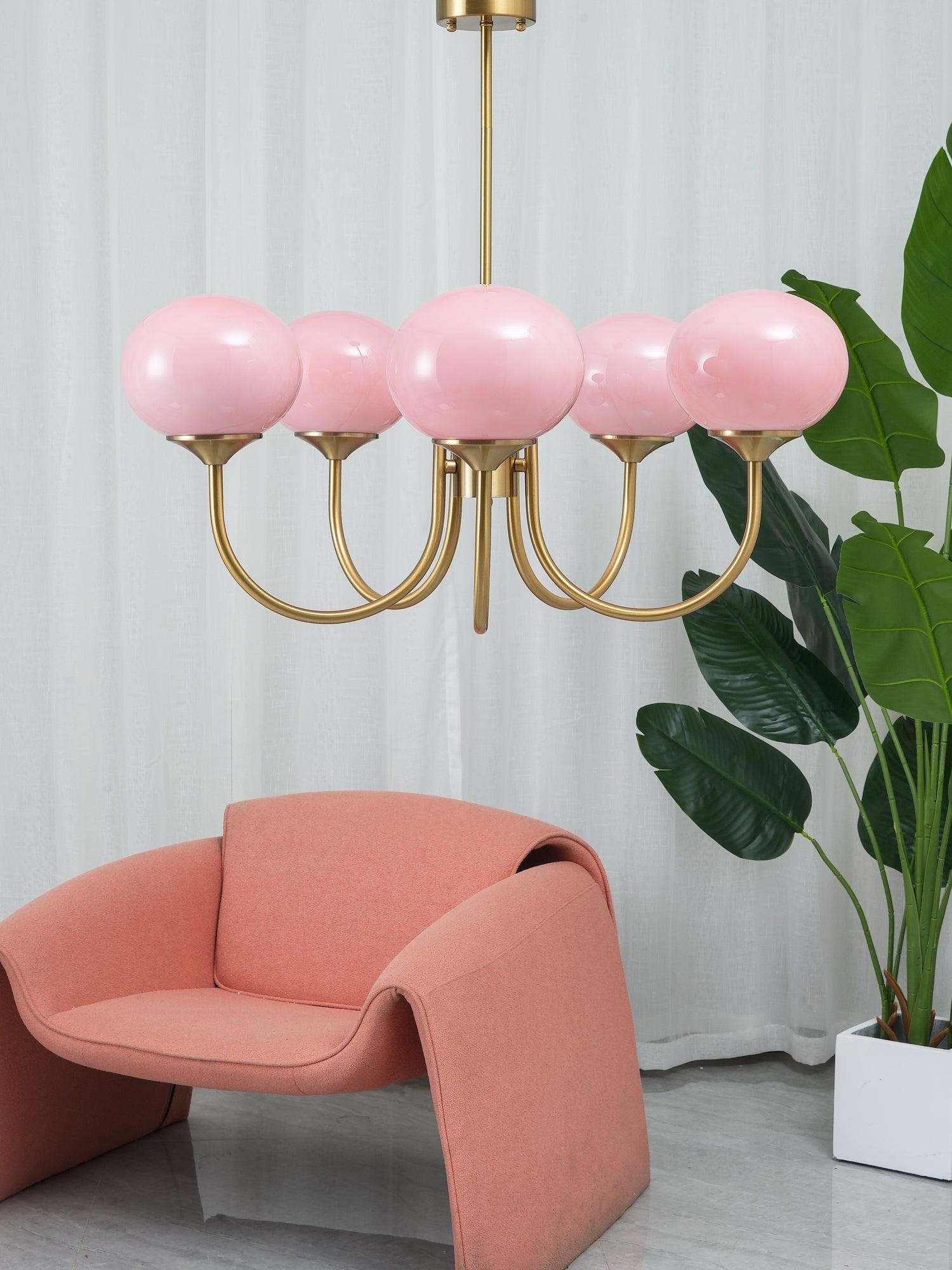 3 or 5-Light Retro Pink Glass Ceiling Pendant — Gold Finish Lighting