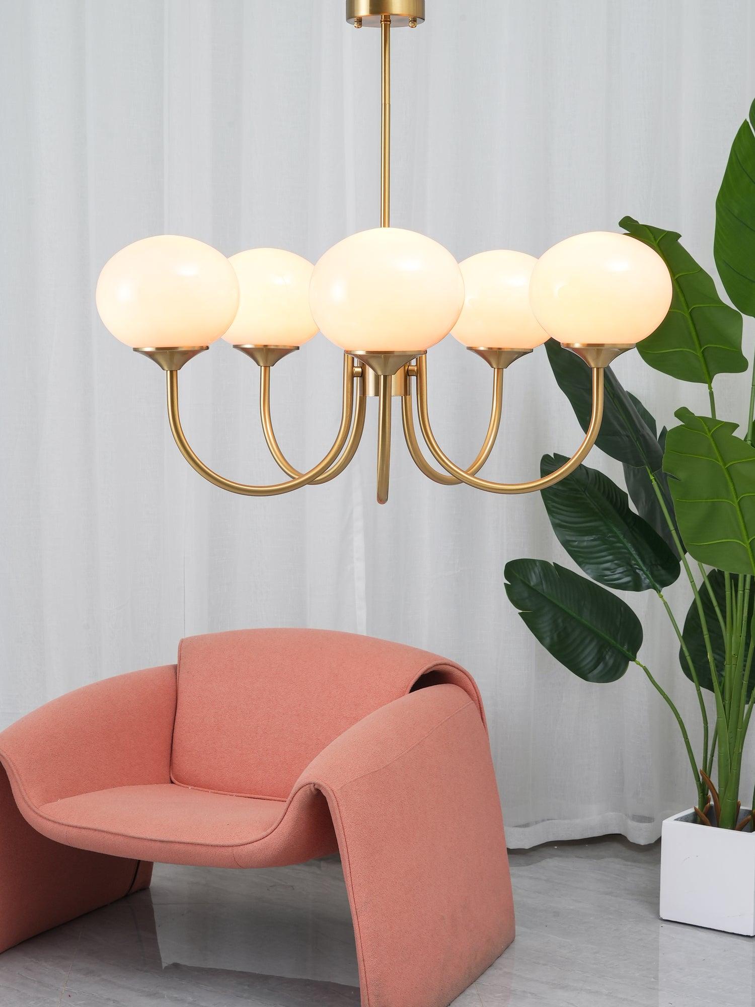 3 or 5-Light Retro Pink Glass Ceiling Pendant — Gold Finish Lighting