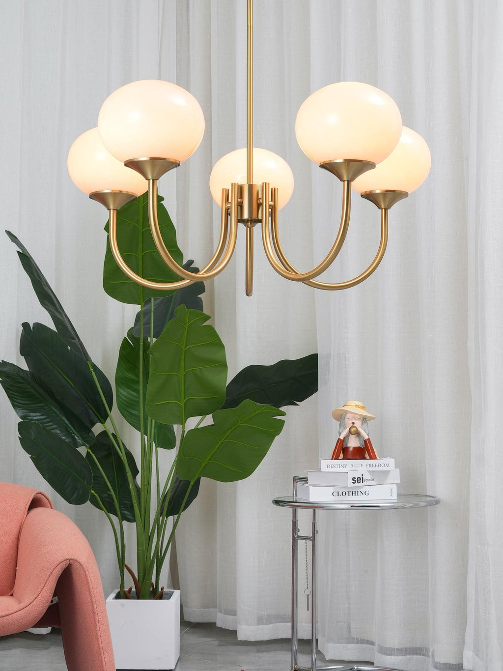 3 or 5-Light Retro Pink Glass Ceiling Pendant — Gold Finish Lighting