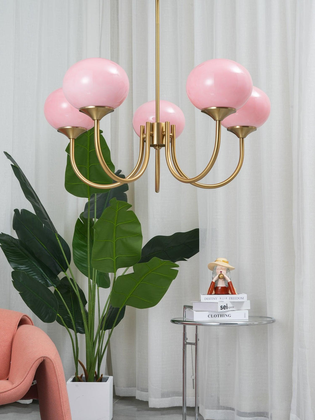 3 or 5-Light Retro Pink Glass Ceiling Pendant — Gold Finish Lighting
