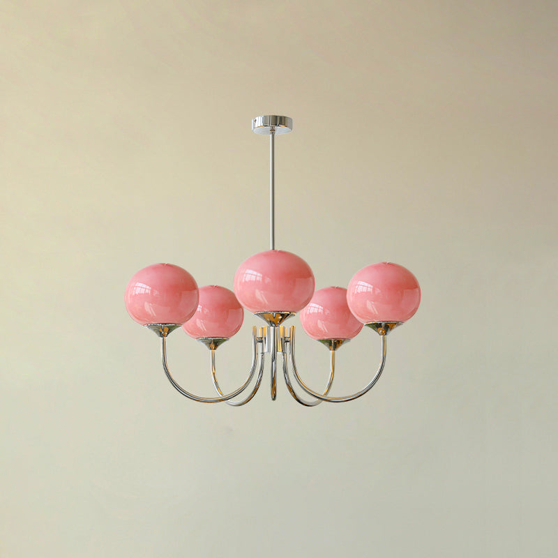 3 or 5-Light Retro Pink Glass Ceiling Pendant — Gold Finish Lighting