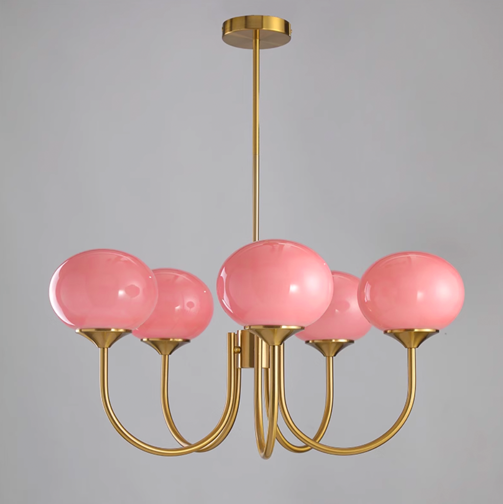 3 or 5-Light Retro Pink Glass Ceiling Pendant — Gold Finish Lighting