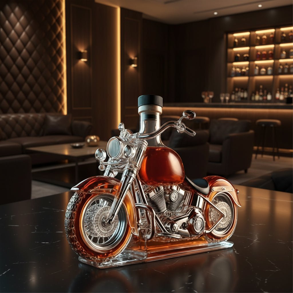 Vツインバイク型ウイスキーデキャンタ ― エンジンをイメージした厚手ガラスボトル