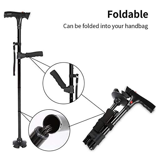 Hopfällbar, justerbar promenadkäpp — inbyggd LED-lampa som stöd