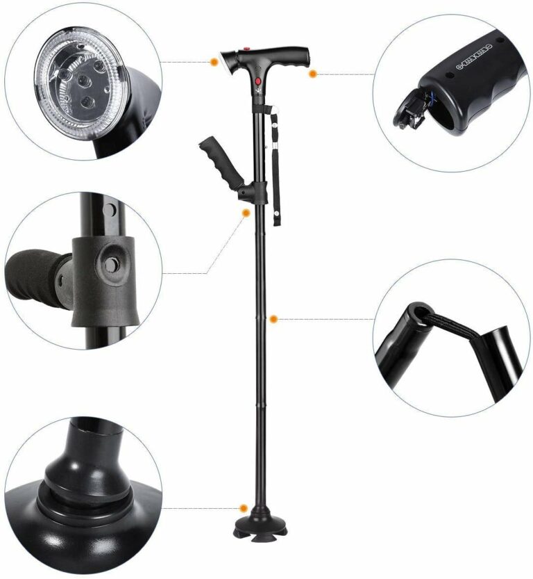 Hopfällbar, justerbar promenadkäpp — inbyggd LED-lampa som stöd