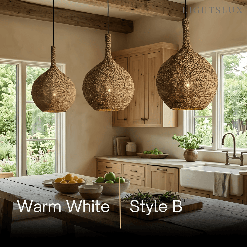Modern Pendant Light -- Natural  Rope Fiber & Brass Metal Frame - Flindria