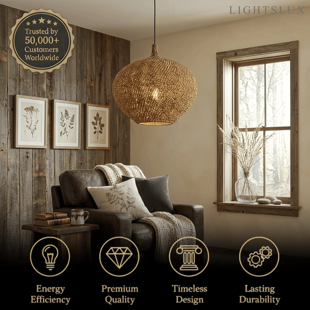 Modern Pendant Light -- Natural  Rope Fiber & Brass Metal Frame - Flindria