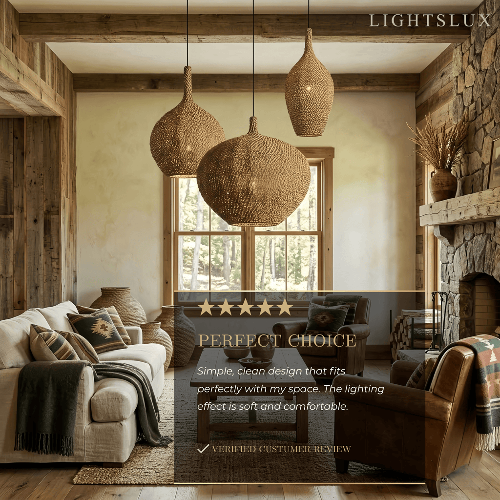 Modern Pendant Light -- Natural  Rope Fiber & Brass Metal Frame - Flindria