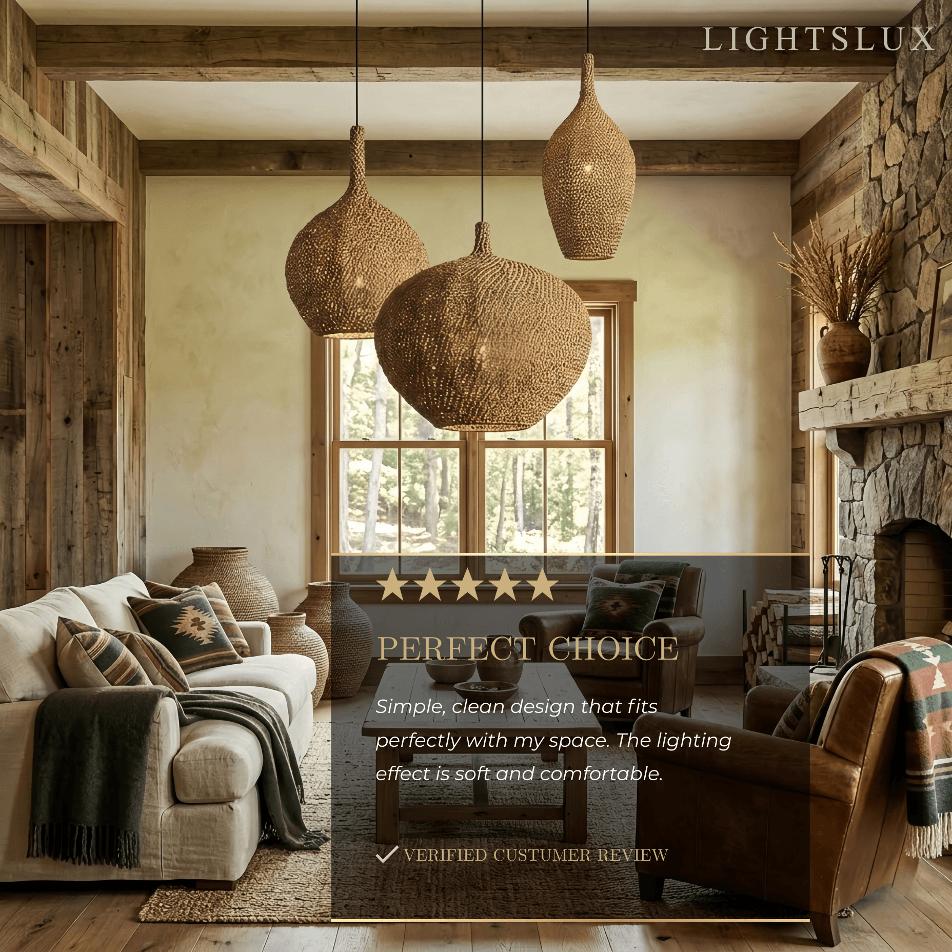 Modern Pendant Light -- Natural  Rope Fiber & Brass Metal Frame - Flindria