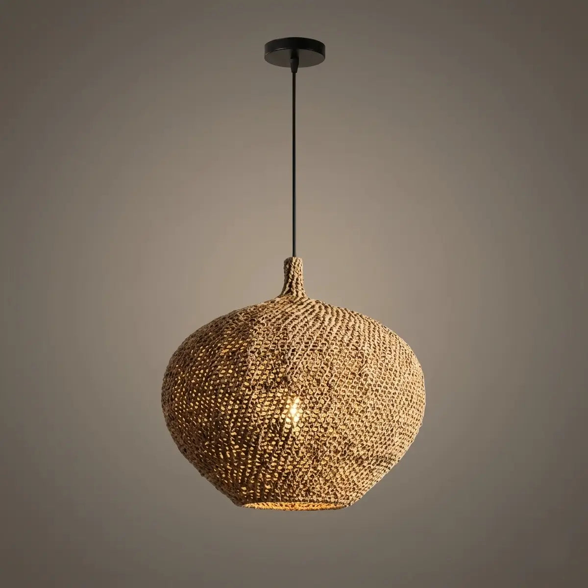 Modern Pendant Light -- Natural  Rope Fiber & Brass Metal Frame - Flindria