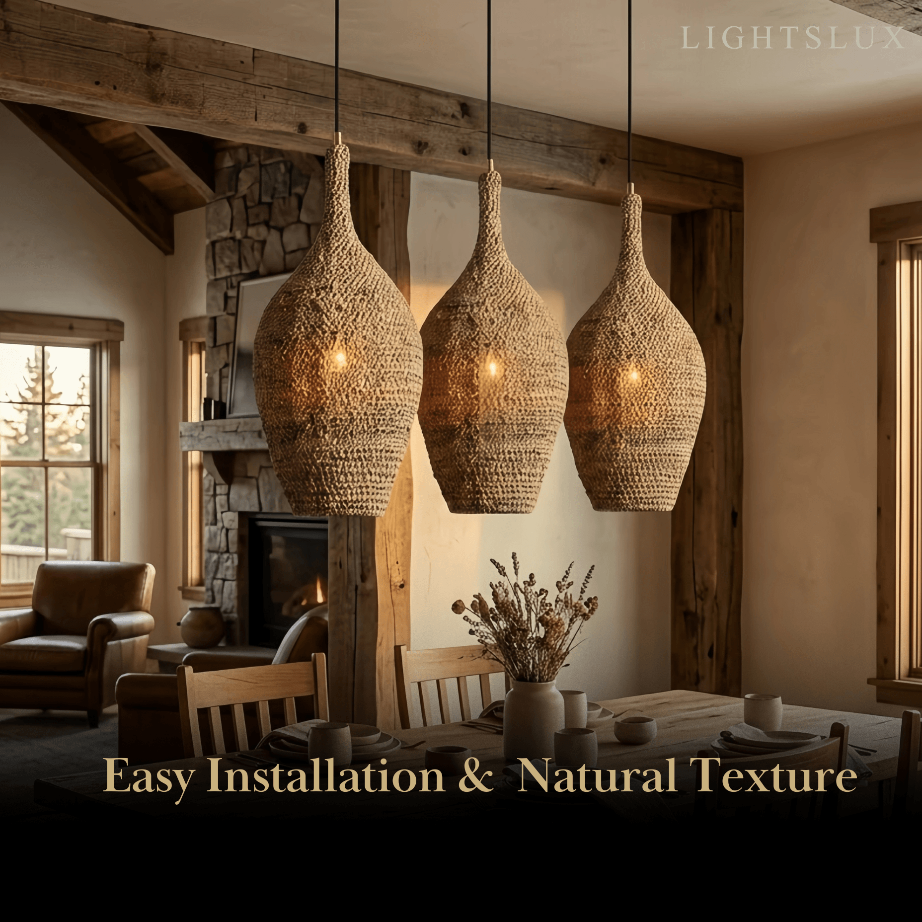 Modern Pendant Light -- Natural  Rope Fiber & Brass Metal Frame - Flindria