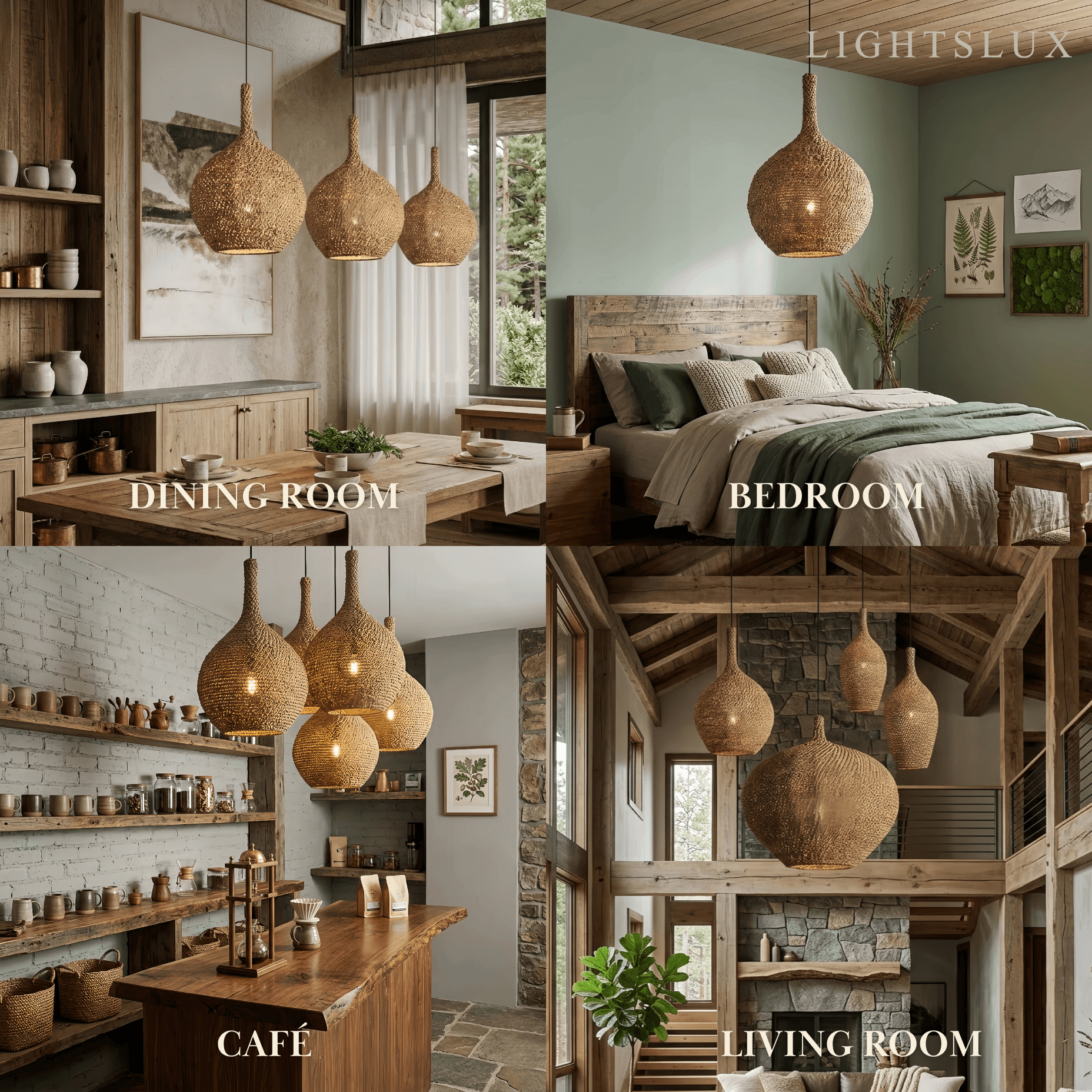 Modern Pendant Light -- Natural  Rope Fiber & Brass Metal Frame - Flindria
