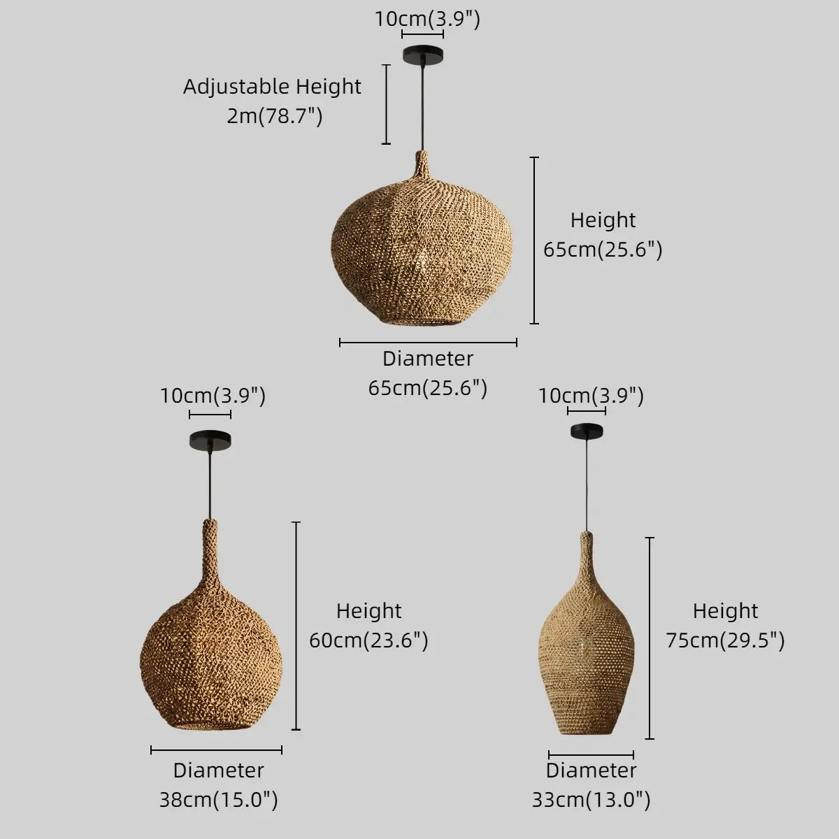 Modern Pendant Light -- Natural  Rope Fiber & Brass Metal Frame - Flindria