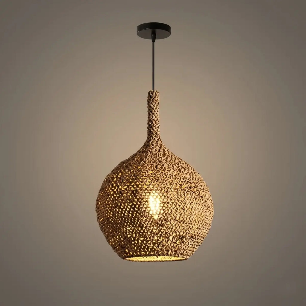 Modern Pendant Light -- Natural  Rope Fiber & Brass Metal Frame - Flindria