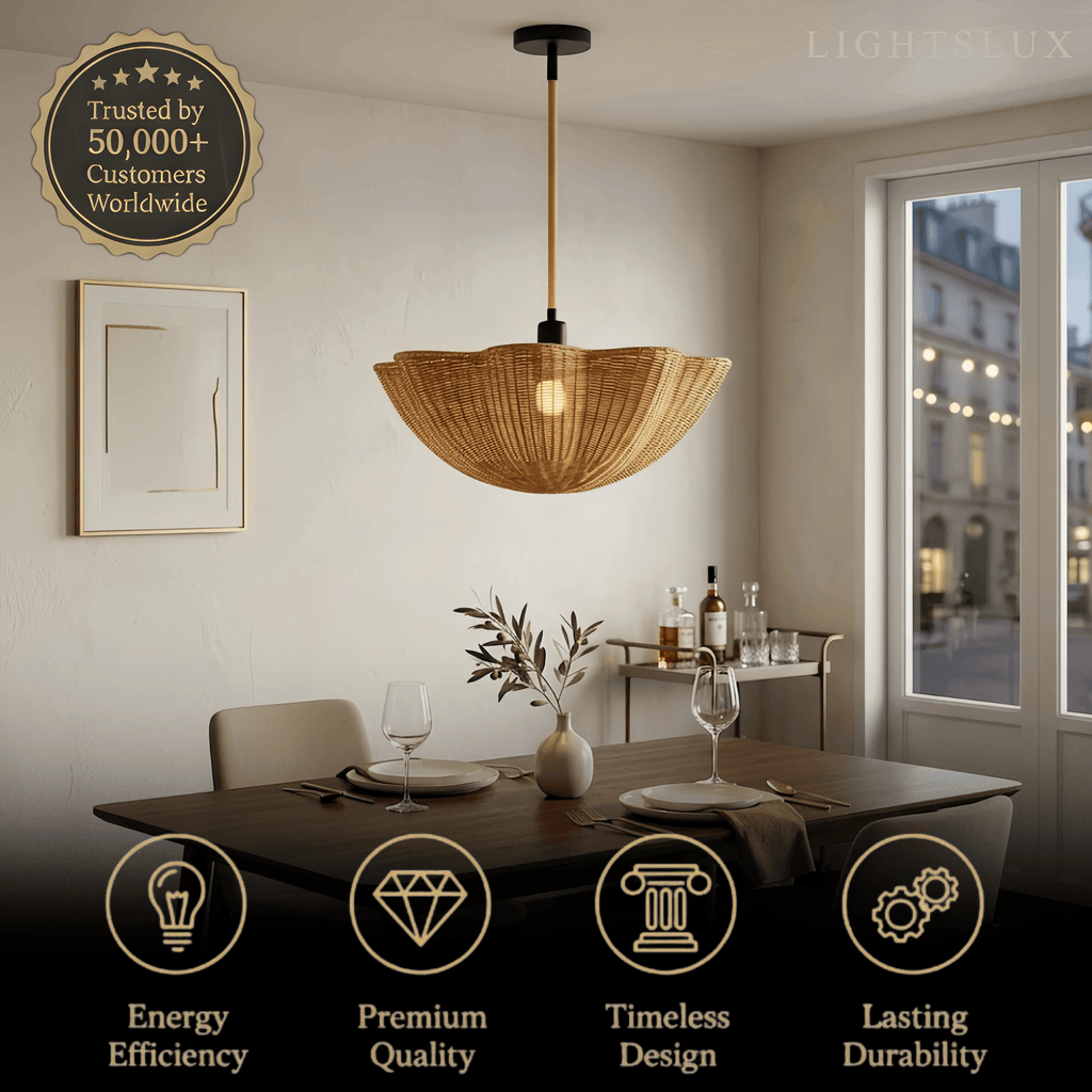 Modern Pendant Light - Scalloped Woven Rattan & Iron for Dining Room - Flindria
