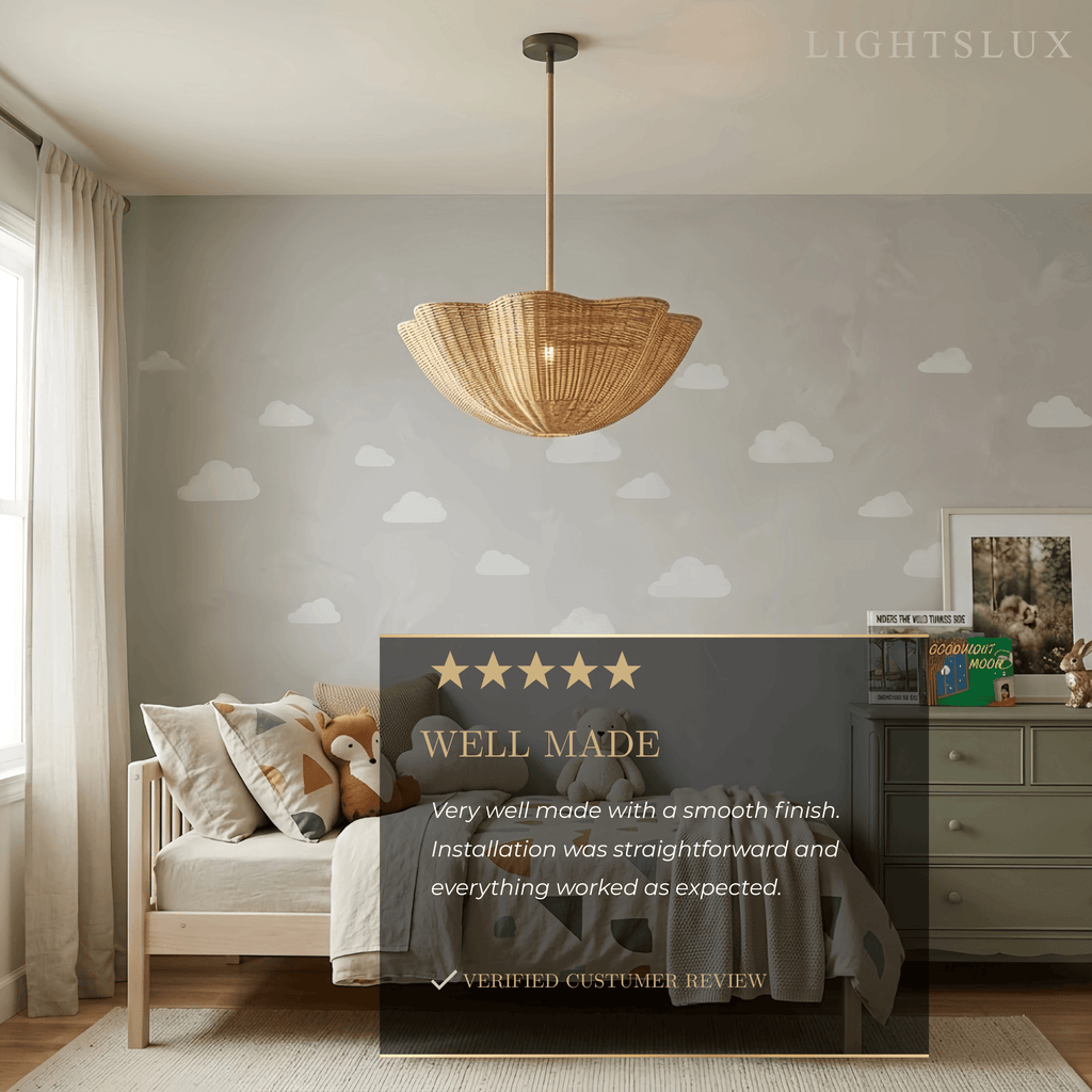 Modern Pendant Light - Scalloped Woven Rattan & Iron for Dining Room - Flindria