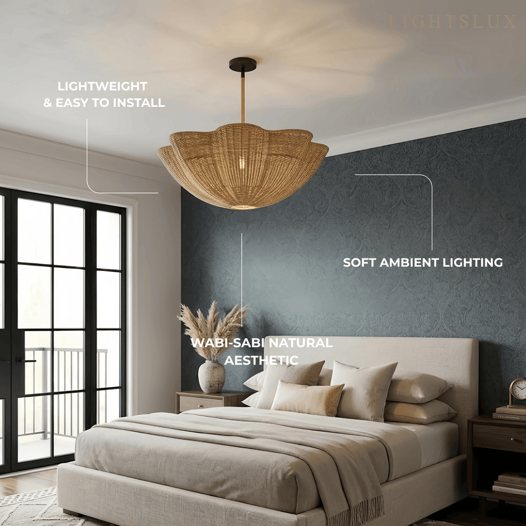 Modern Pendant Light - Scalloped Woven Rattan & Iron for Dining Room - Flindria