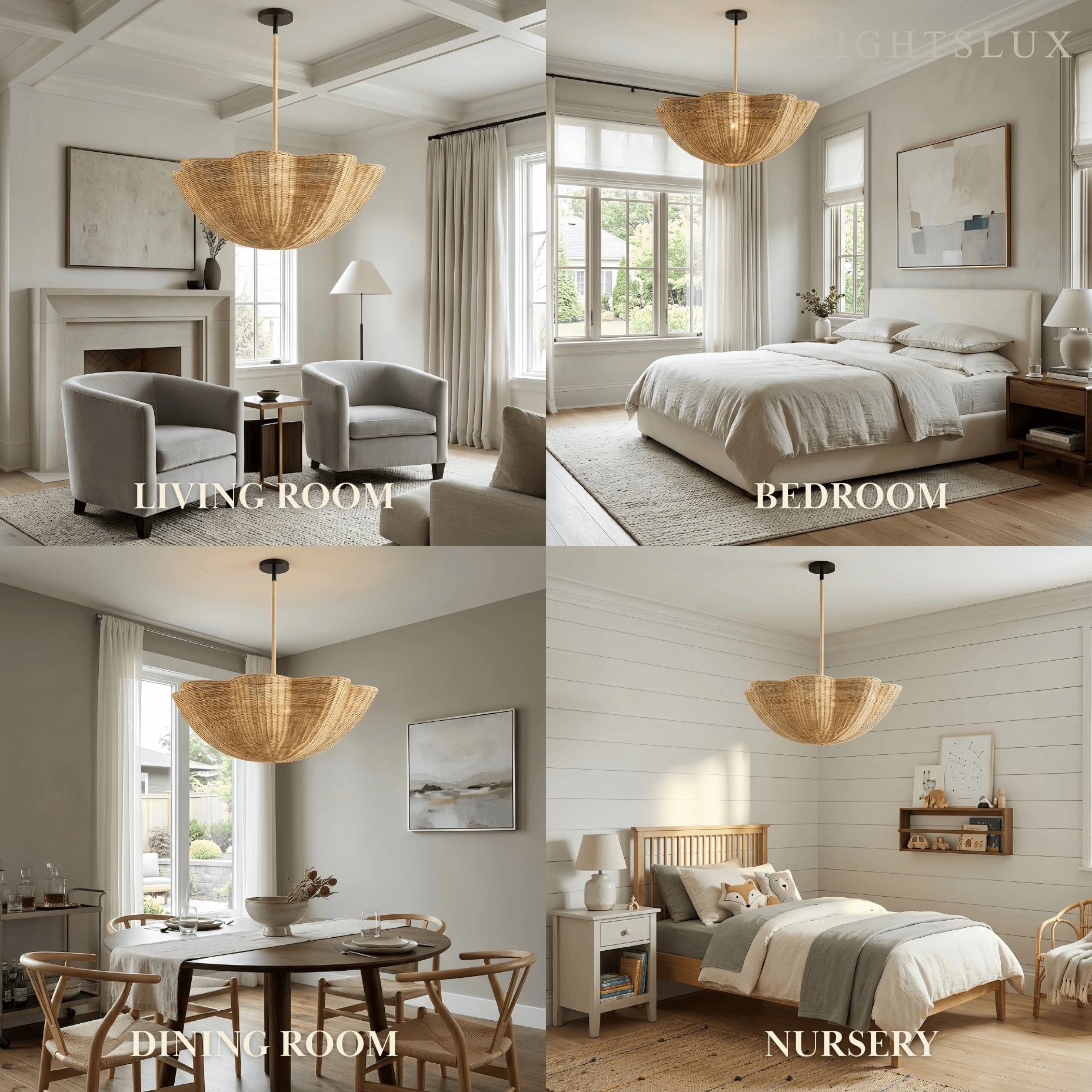 Modern Pendant Light - Scalloped Woven Rattan & Iron for Dining Room - Flindria
