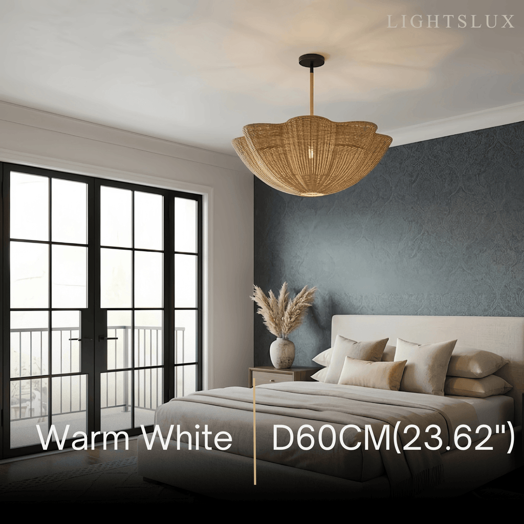 Modern Pendant Light - Scalloped Woven Rattan & Iron for Dining Room - Flindria