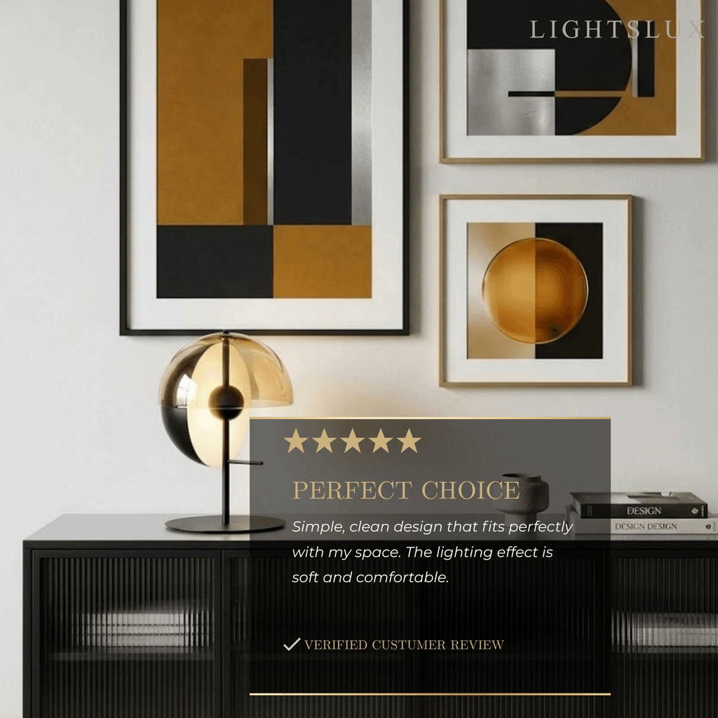 Moderní stolní lampa – Železo a sklo, protínající se hemisféry do ložnice - Flindria
