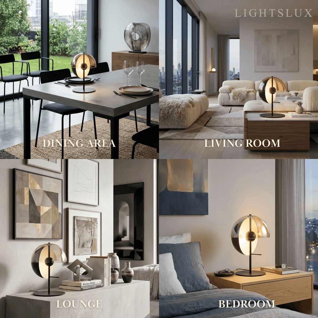 Moderní stolní lampa – Železo a sklo, protínající se hemisféry do ložnice - Flindria