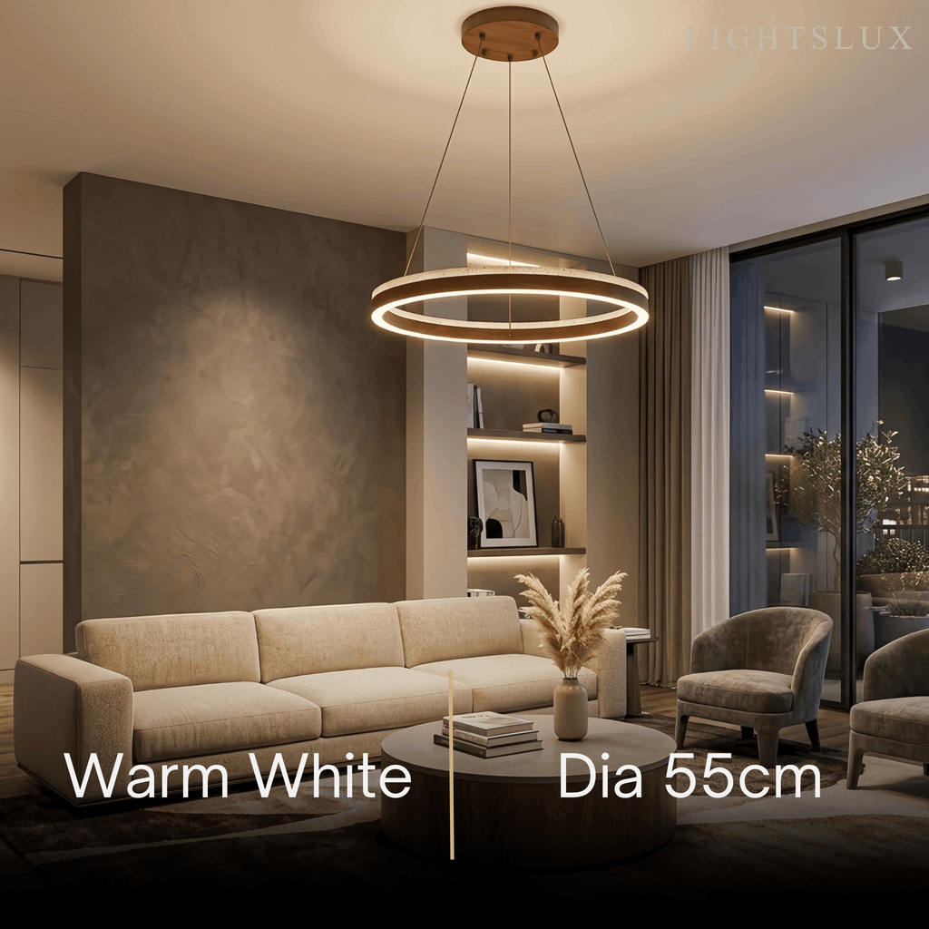 Minimalist Ring Chandelier – Travertine & Wood Walnut Beige for Dining Room - Flindria